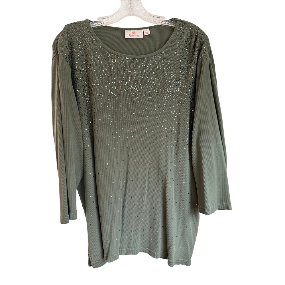 Quacker Factory Olive Green Sequin Ribbed Knit Top 3/4 Sleeve Plus Size 3X
